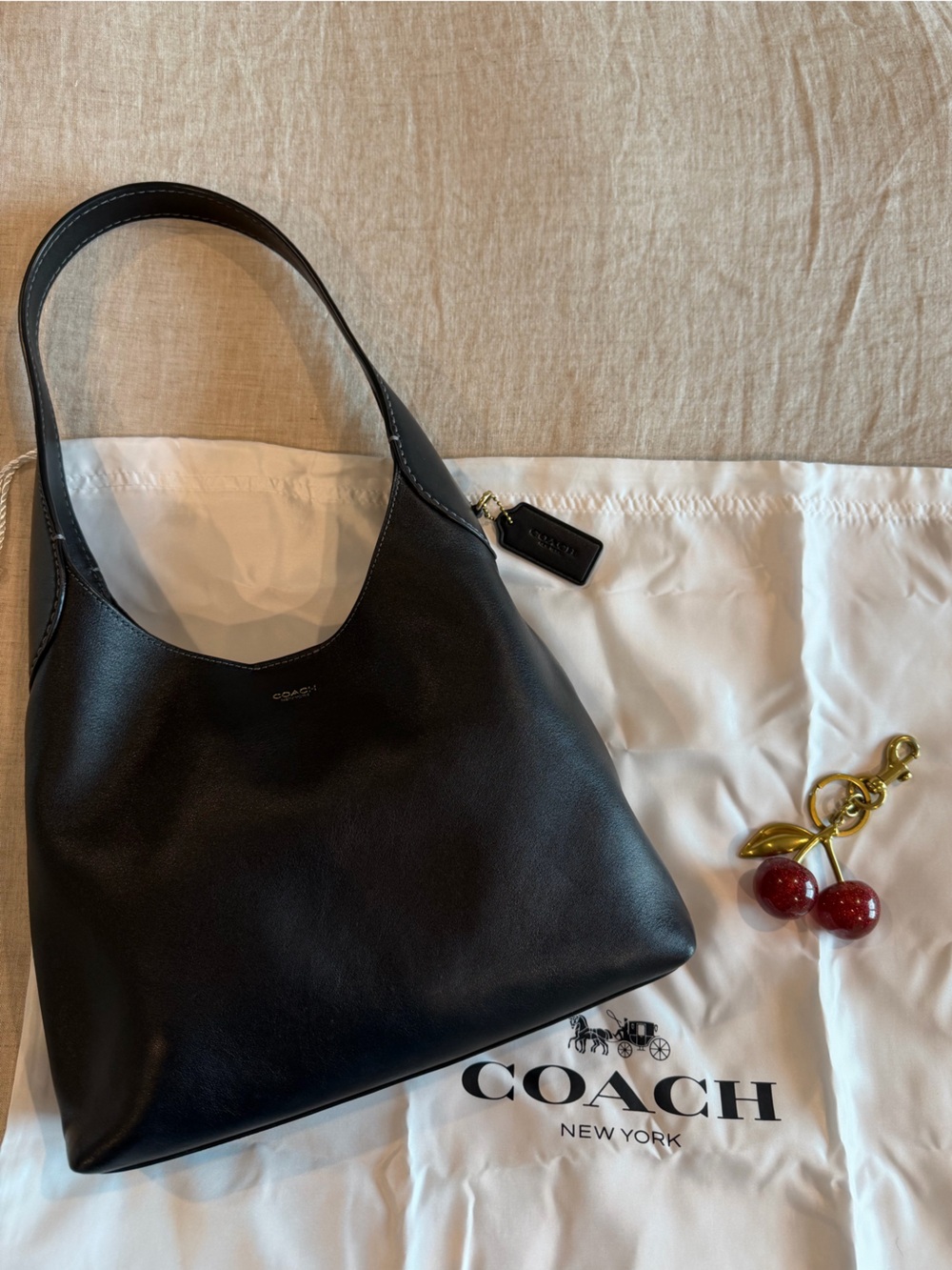COACH Brooklyn 28 Shoulder Bag Black with Coach Cherry Charm